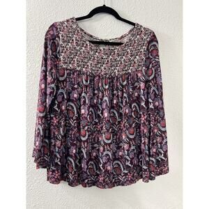 Lucky Brand Boho Long Sleeve Top Paisley Floral‎ Sz M Wide Sleeve Smocked Tunic
